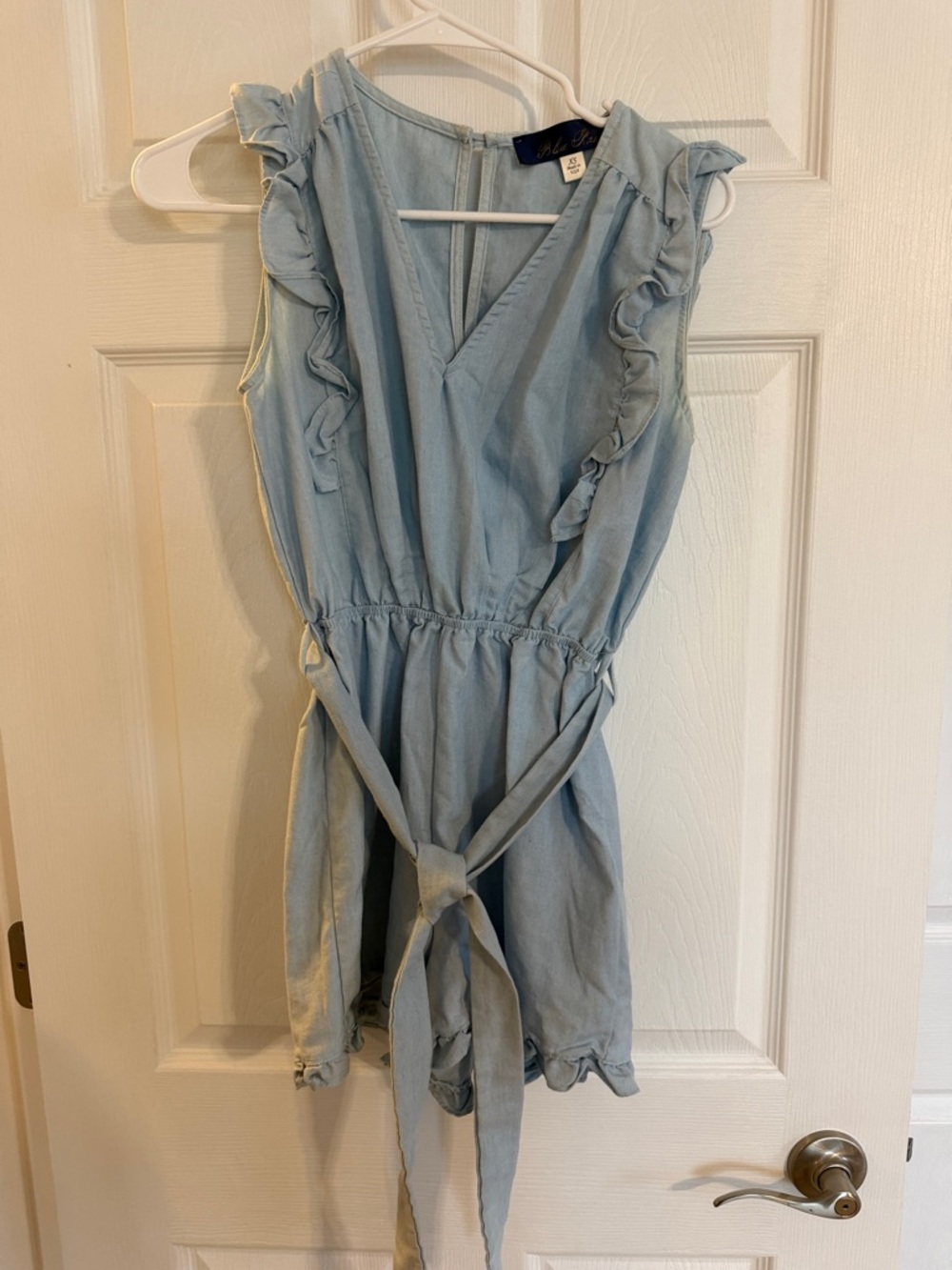 Blue Rain Light Blue Ruffled V-Neck Sleeveless Romper with belt